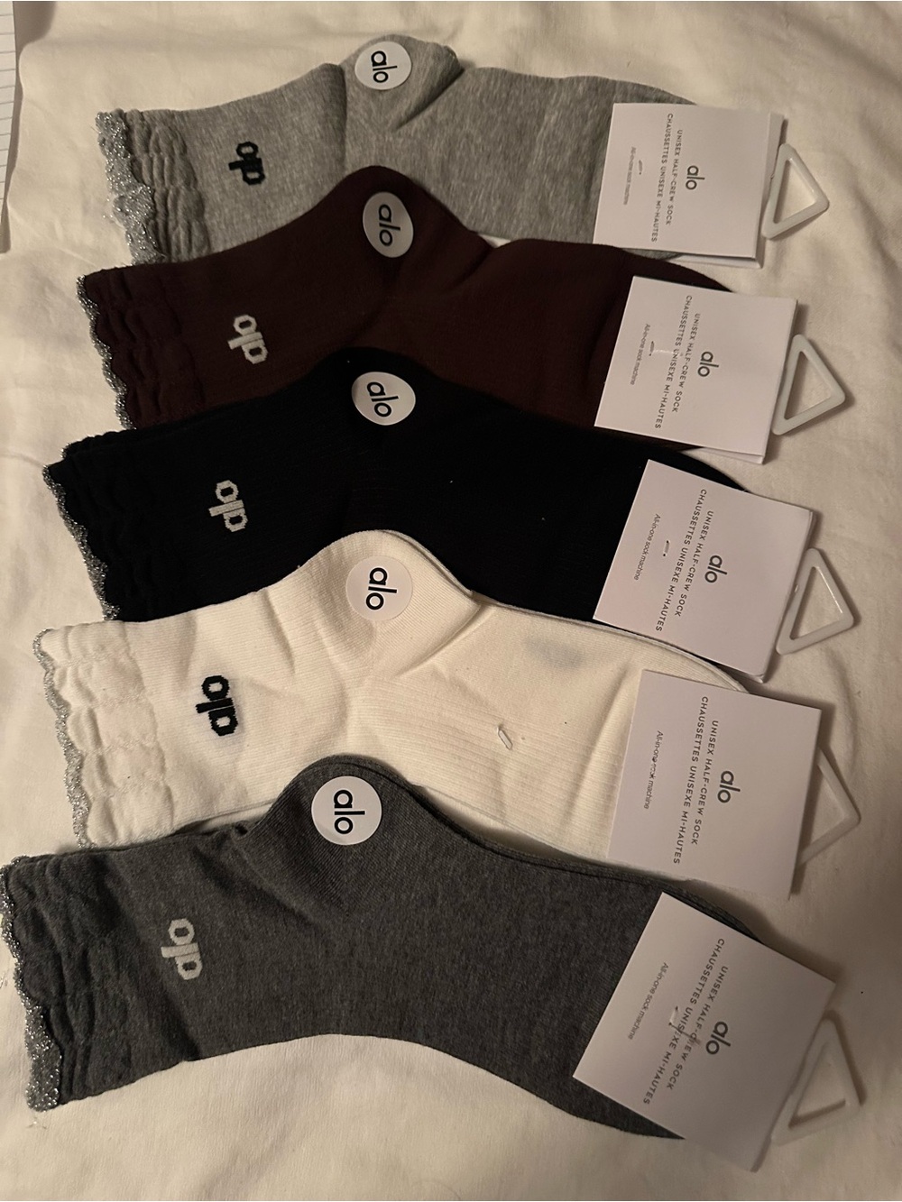 Alo  ripped ankle, socks, and black, white and gray five pack
